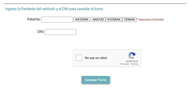 Pantalla para cancelar el turno de la VTV en Berisso con patente y DNI