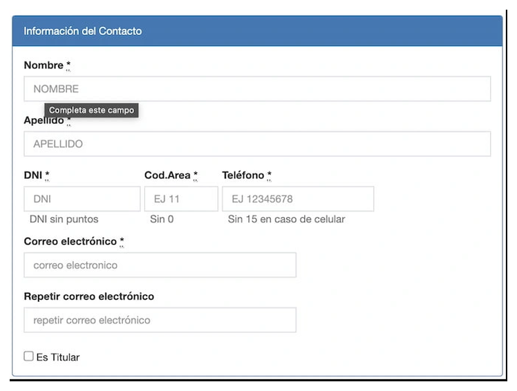 Paso 2 para sacar turno de la VTV en Berisso: información del contacto